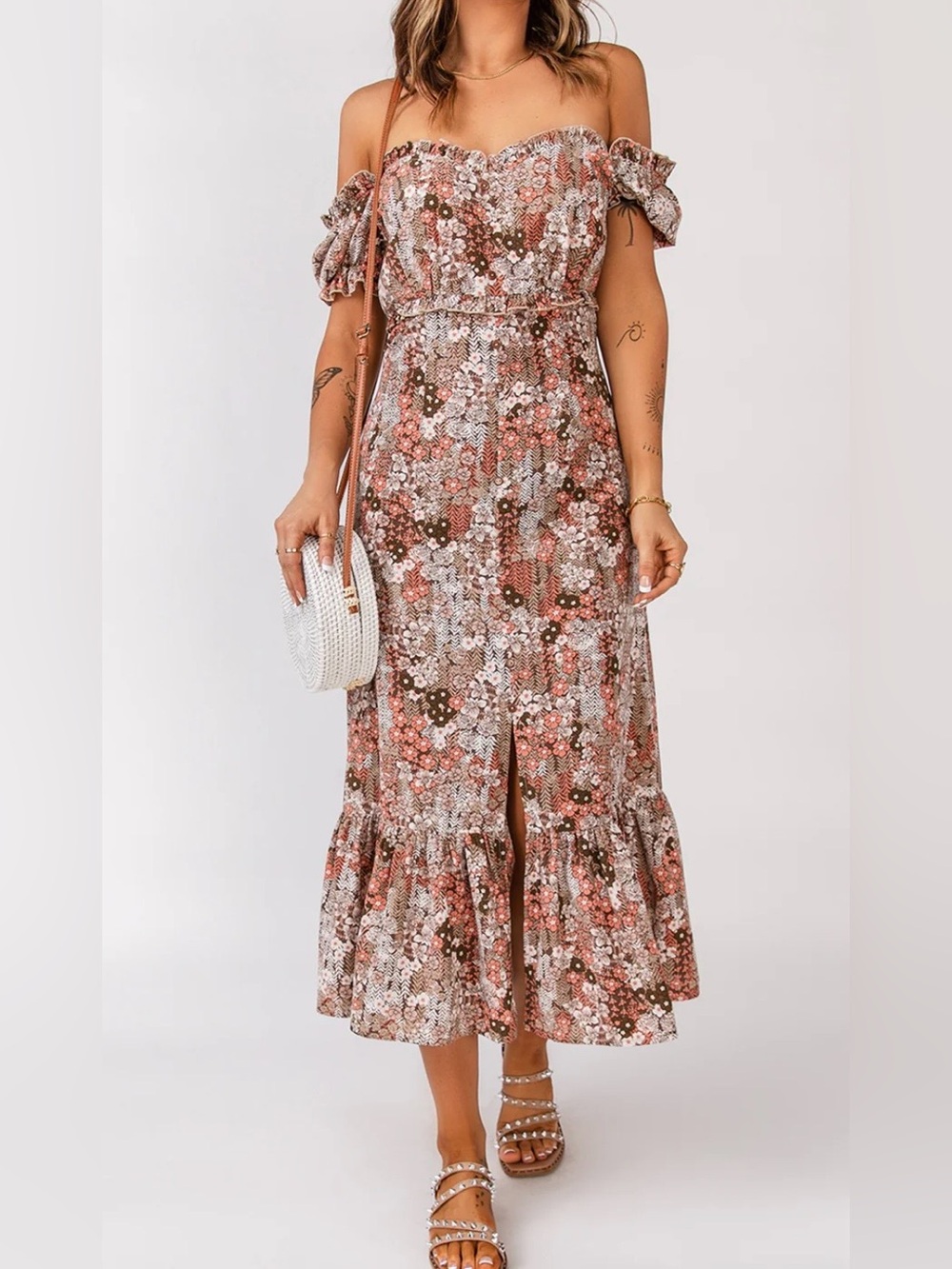 Accessories In The City FLORAL OFF-SHOULDER FRILL TRIM Dress Size M Milkmaid